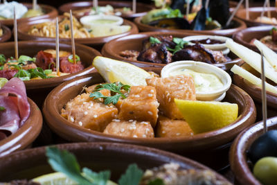 Close-up of food served on table