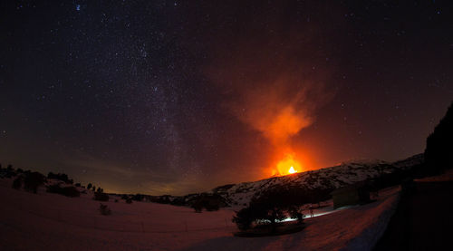 Etna eruption in the night with milky way in background