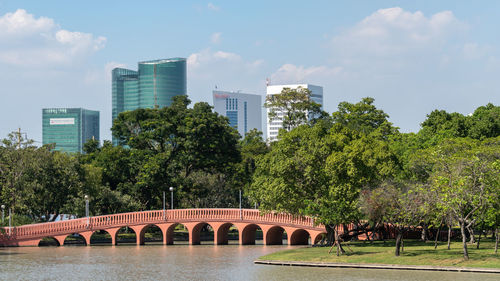 View of bridge over buildings in city