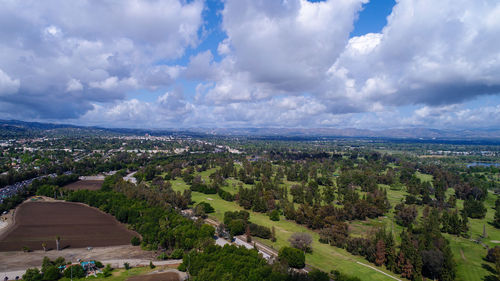 High angle view of city against sky