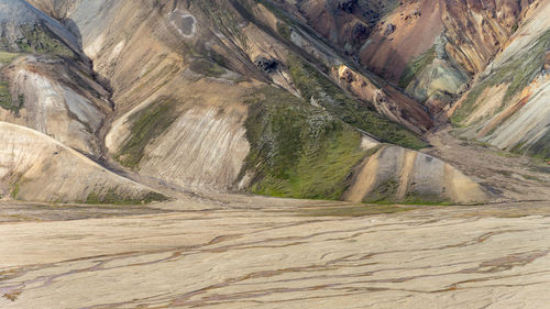 Foothills of iceland's highlands covered with moss and sandy streams