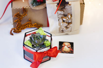 High angle view of christmas decoration on table