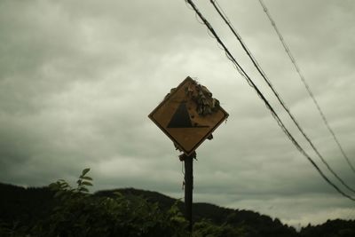 Low angle view of power lines against cloudy sky