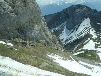 Scenic view of snowcapped mountains during winter