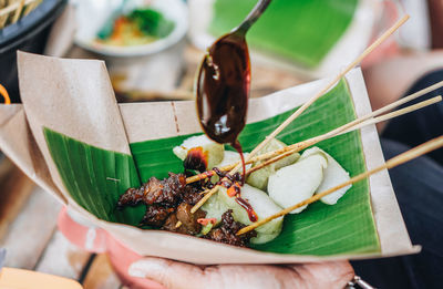 High angle view of food in plate on table