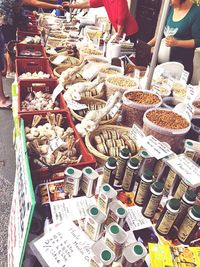 High angle view of food for sale at market stall