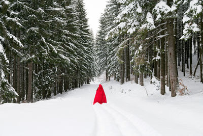 Woman wearing red hooded cloak amidst trees on snowy field