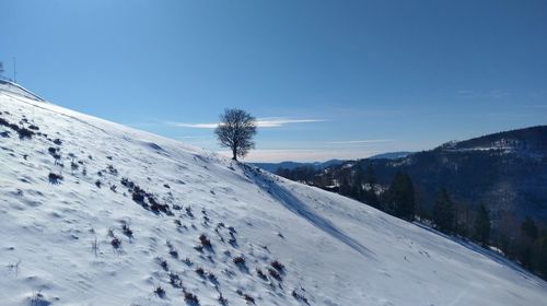 Scenic view of snowcapped mountains against clear sky