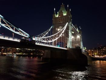 Illuminated bridge over river at night