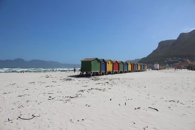 Scenic view of beach against clear blue sky