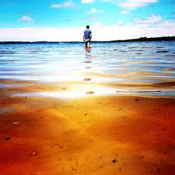 Rear view of man walking on beach against sky