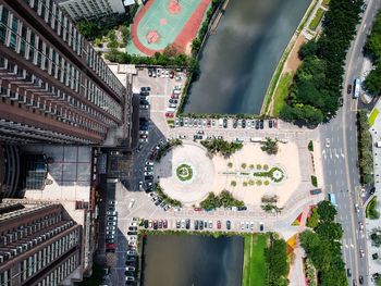 High angle view of street amidst buildings in city