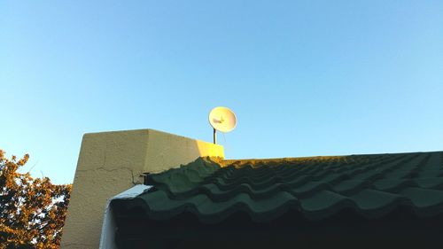 Low angle view of roof against clear blue sky