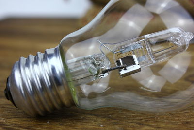 Close-up of light bulb on table