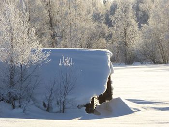 Snow on field by lake during winter