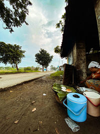 Cars on road by trees in city against sky