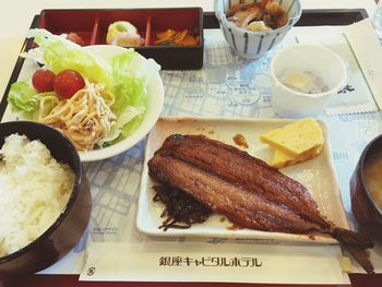 High angle view of breakfast served on table