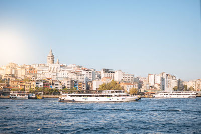 Sea by buildings against clear sky