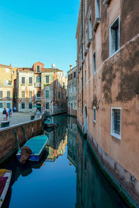 Canal amidst buildings against blue sky