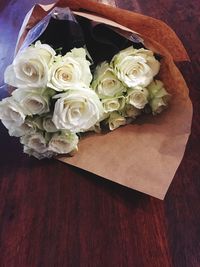 High angle view of rose bouquet on table