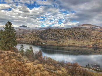 Scenic view of lake and mountains against sky