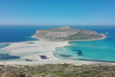 Aerial view of sea against clear blue sky