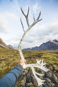 Man holds caribou antler in akshayak pass, auyuittuq national park.