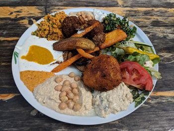 High angle view of food in plate on table