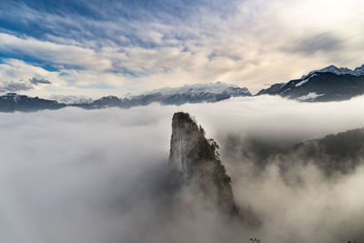 Scenic view of snow covered mountains against sky