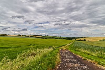 Road passing through agricultural field against sky