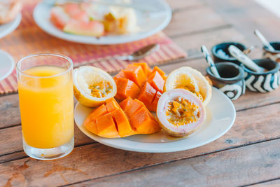 High angle view of breakfast on table