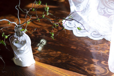 High angle view of white flower vase on table