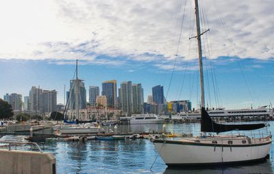 Sailboats moored in harbor