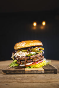 Food on table against black background