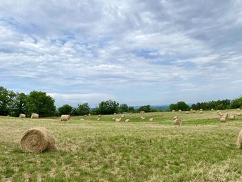 Hay bales on field against sky