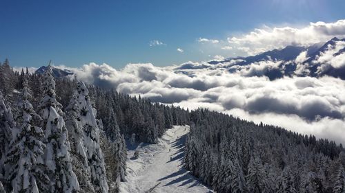 Scenic view of snow covered mountains against sky