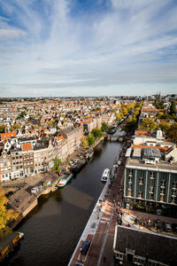 High angle view of city against cloudy sky