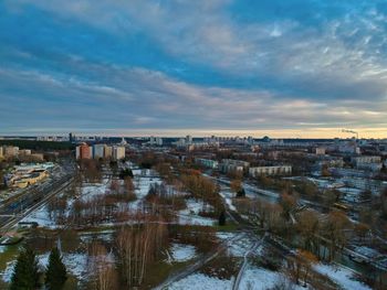 High angle view of buildings against sky during winter