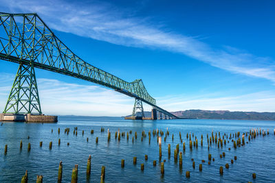 View of bridge over river against cloudy sky