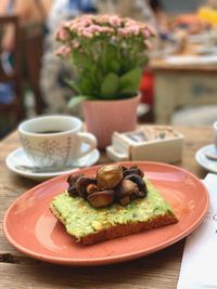 Close-up of breakfast served on table