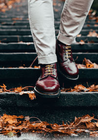 Low section of man standing by autumn leaves