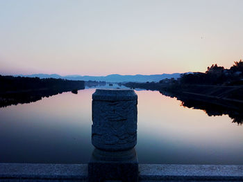 Scenic view of lake against clear sky during sunset