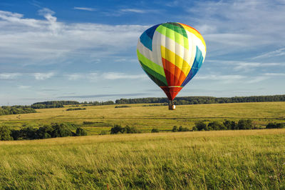 Hot air balloons on field against sky