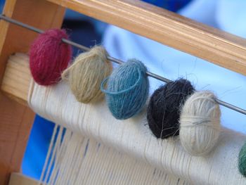 High angle view of colorful wools