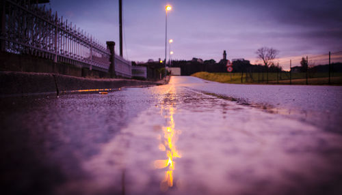 Surface level of wet road at night