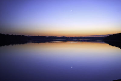 Scenic view of lake against clear sky during sunset