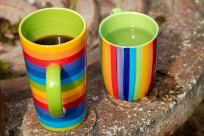 Close-up of multi colored glasses on table