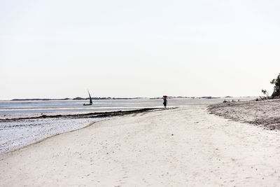 Man walking on beach against clear sky