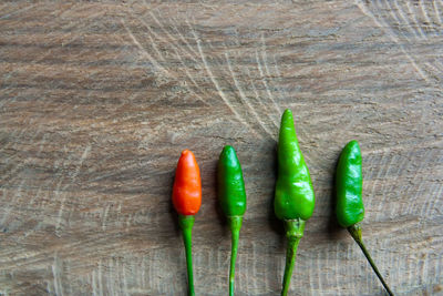 High angle view of chili peppers on table