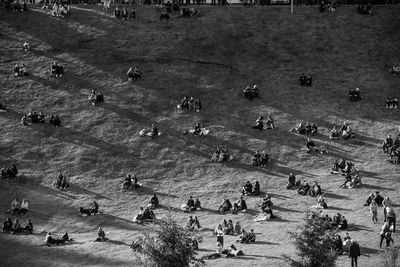 High angle view of people on street in city